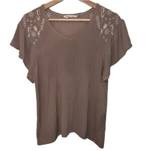 DownEast Tan/Earthy Brown Embroidered Ruffled Sleeve Blouse Size Large